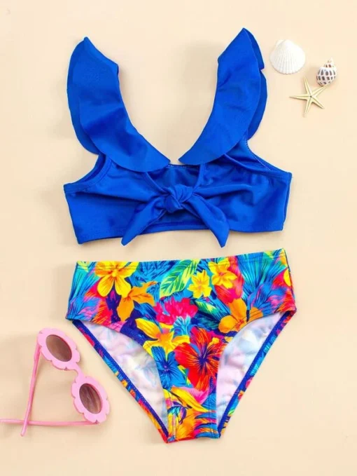 Shein Toddler Girls Floral Print Ruffle Trim Knot Bikini Swimsuit