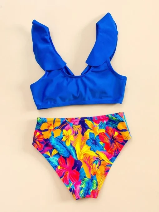 Shein Toddler Girls Floral Print Ruffle Trim Knot Bikini Swimsuit - Image 2