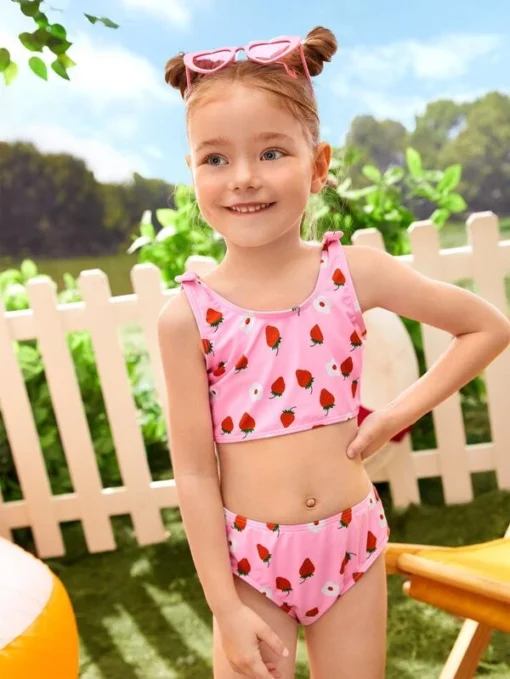 shein Toddler Girls 3pack Random Strawberry Print Bikini Swimsuit With Beach Skirt - Image 4
