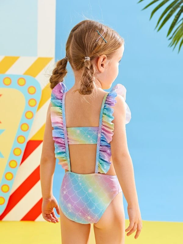 shein Toddler Girls Tie Dye Fish Scale Print Suspender Bikini