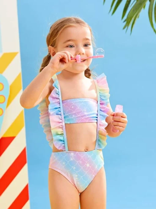 shein Toddler Girls Tie Dye Fish Scale Print Suspender Bikini Swimsuit