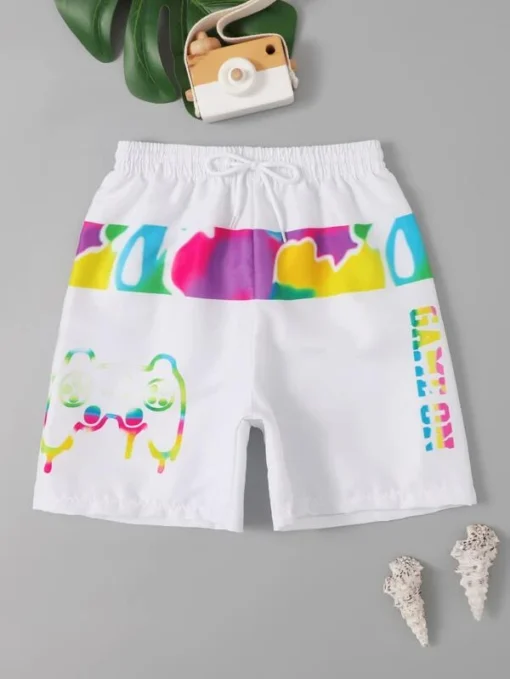 SHEIN Boys Gamepad & Letter Graphic Drawstring Waist Swim Shorts