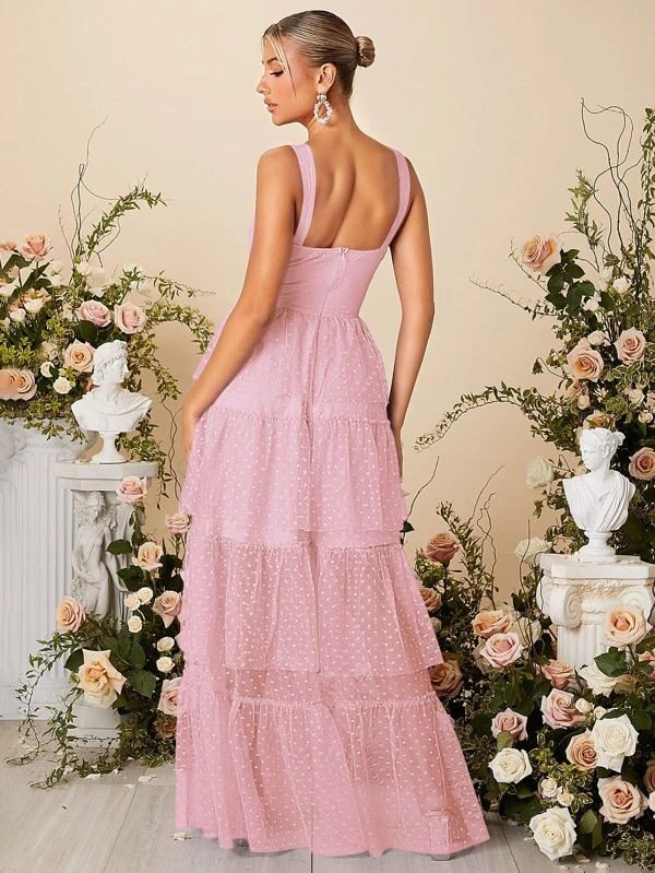 SHEIN Cut Out Layered Hem Dobby Mesh Cami Formal Dress - Pink Shop