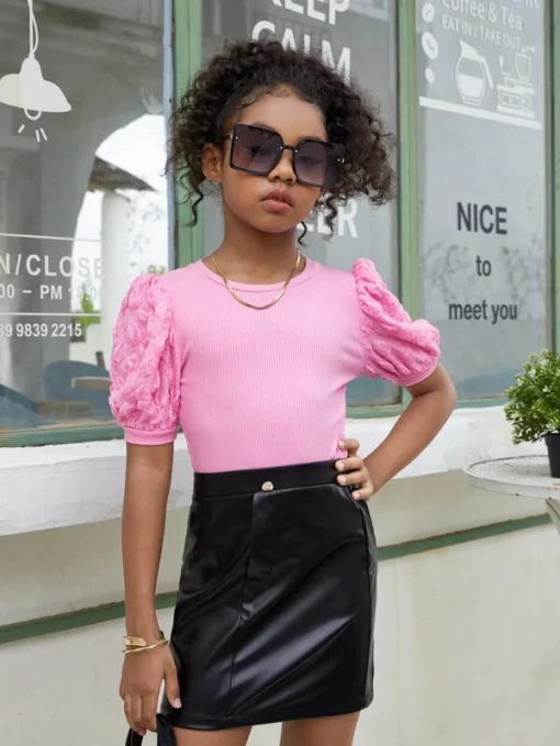 SHEIN Girls Ribbed Knit Puff Sleeve Tee - Image 2