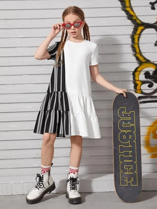 SHEIN Girls Striped Panel Smock Dress - Image 2