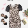 SHEIN Toddler Girls Leopard Print Contrast Mesh Puff Sleeve Dress