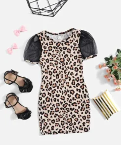 SHEIN Toddler Girls Leopard Print Contrast Mesh Puff Sleeve Dress