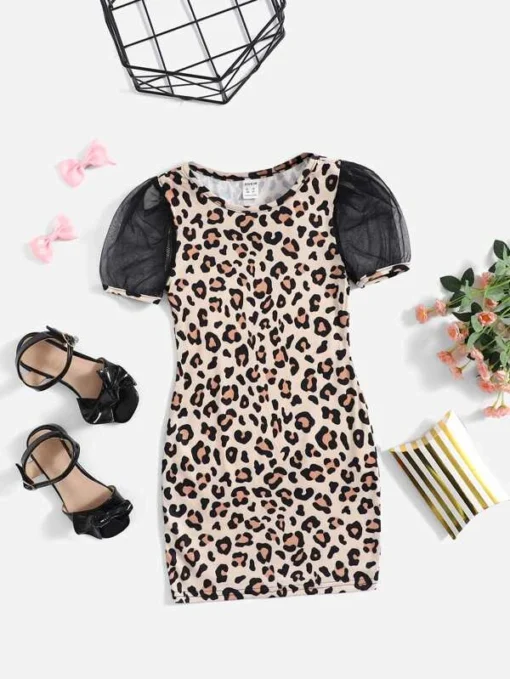 SHEIN Toddler Girls Leopard Print Contrast Mesh Puff Sleeve Dress