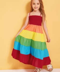 Shein Toddler Girls Colorblock Shirred Bodice Layered Hem Cami Dress