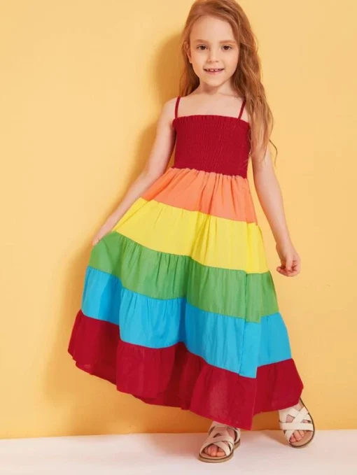 Shein Toddler Girls Colorblock Shirred Bodice Layered Hem Cami Dress