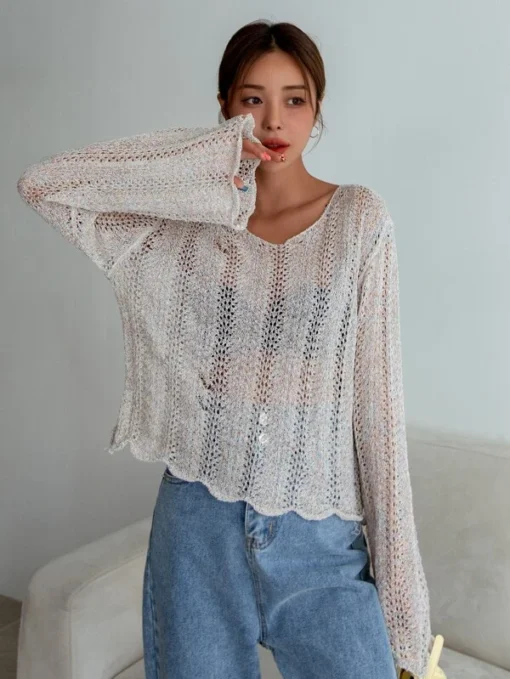 SHEIN DAZY Scallop Trim Pointelle Knit Sweater Without Bra - Image 2