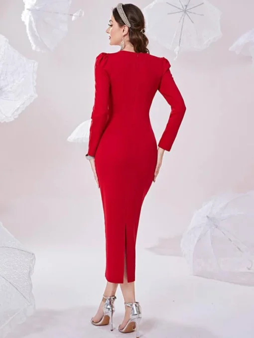 Shein Puff Sleeve Fringe Trim Slit Back Bodycon Dress - Image 2