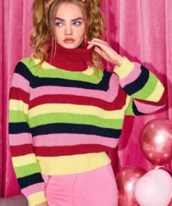 SHEIN High Neck Colorblock Striped Pattern Raglan Sleeve Sweater