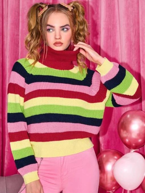 SHEIN High Neck Colorblock Striped Pattern Raglan Sleeve Sweater