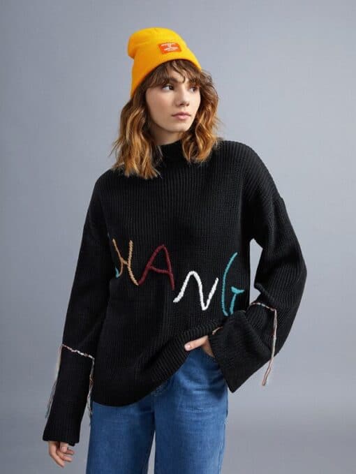 SHEIN Letter Embroidered Drop Shoulder Sweater