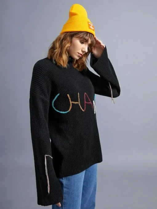 SHEIN Letter Embroidered Drop Shoulder Sweater - Image 2