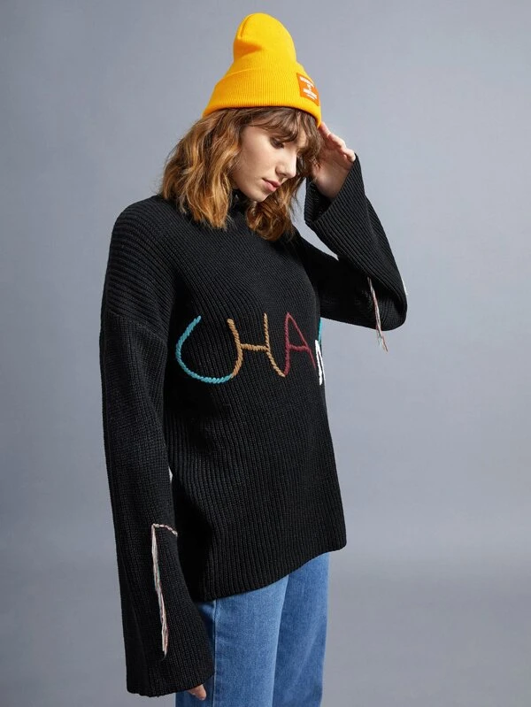 Drop shoulder embroidered letter pullover cheap