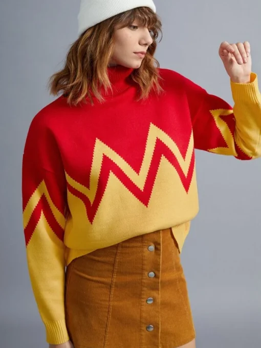 SHEIN Turtleneck Drop Shoulder Chevron Pattern Colorblock Sweater - Image 4