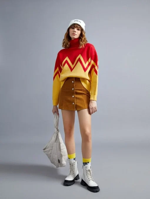 SHEIN Turtleneck Drop Shoulder Chevron Pattern Colorblock Sweater