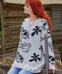 ROMWE Fairycore Cow Milk Pattern Distressed Sweater