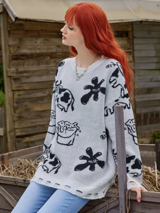 ROMWE Fairycore Cow Milk Pattern Distressed Sweater