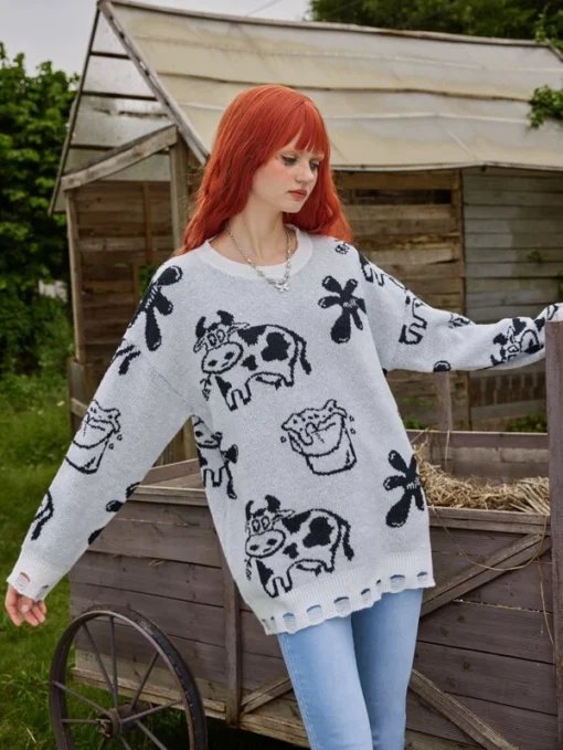ROMWE Fairycore Cow Milk Pattern Distressed Sweater - Image 3