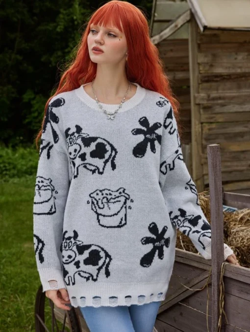 ROMWE Fairycore Cow Milk Pattern Distressed Sweater - Image 4