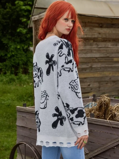 ROMWE Fairycore Cow Milk Pattern Distressed Sweater - Image 2