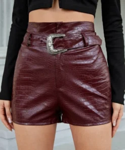 SHEIN Crocodile Embossed PU Leather Shorts With Belt