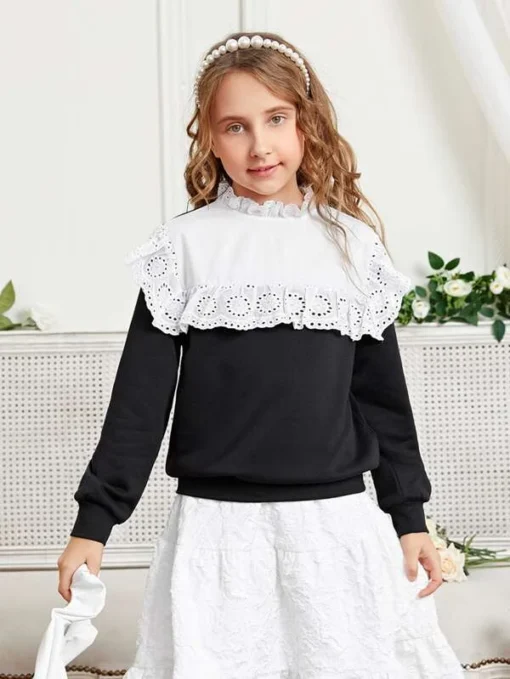 SHEIN Girls Colorblock Eyelet Embroidery Sweatshirt