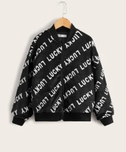 SHEIN Girls Letter Graphic Velvet Bomber Jacket