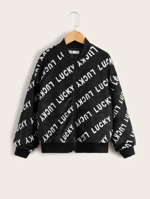 SHEIN Girls Letter Graphic Velvet Bomber Jacket