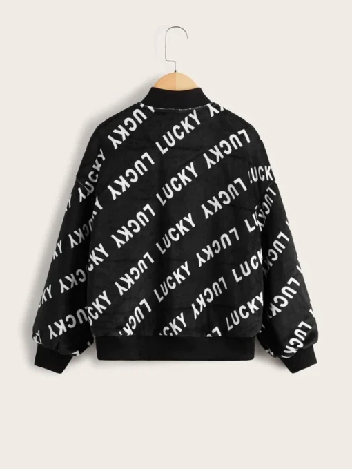 SHEIN Girls Letter Graphic Velvet Bomber Jacket - Image 2