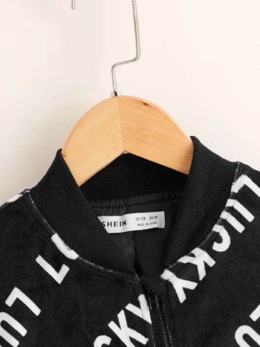 SHEIN Girls Letter Graphic Velvet Bomber Jacket - Image 3
