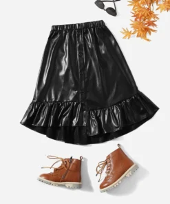 SHEIN Girls Ruffle Asymmetrical Hem PU Leather Skirt