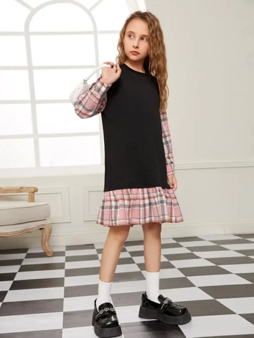 SHEIN Girls Tartan Print Drop Shoulder Ruffle Hem Sweatshirt Dress - Image 3