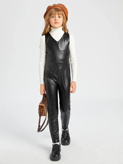 SHEIN Girls Zip Back PU Leather Jumpsuit Without Top - Image 3