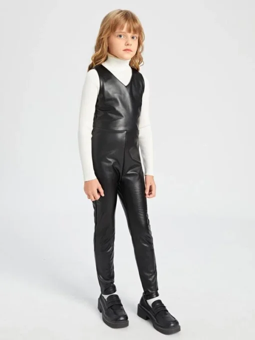 SHEIN Girls Zip Back PU Leather Jumpsuit Without Top - Image 4