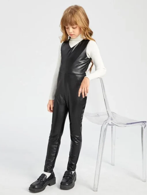 SHEIN Girls Zip Back PU Leather Jumpsuit Without Top