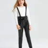 SHEIN Girls Zip Front Belted Patent Suspender Jumpsuit Without Tee