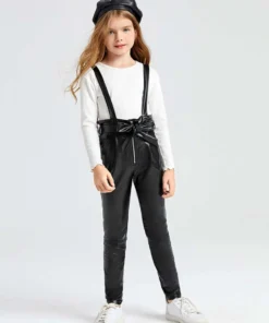 SHEIN Girls Zip Front Belted Patent Suspender Jumpsuit Without Tee