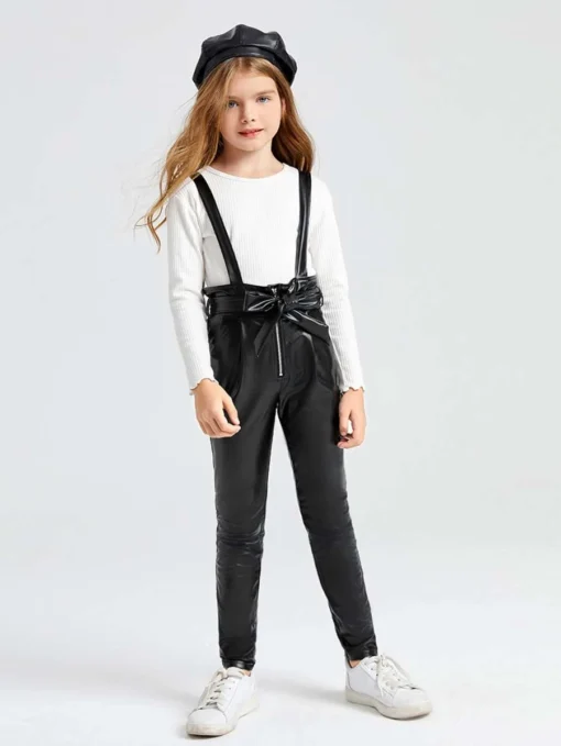 SHEIN Girls Zip Front Belted Patent Suspender Jumpsuit Without Tee