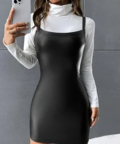 SHEIN Solid PU Leather Bodycon Dress Without Tee