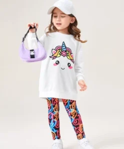 SHEIN Toddler Girls Cartoon Unicorn Print Drop Shoulder Pullover & Graphic Print Leggings