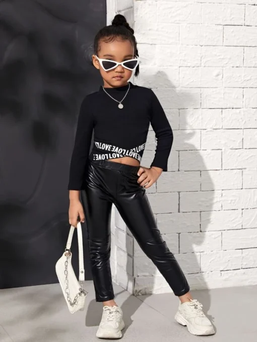 SHEIN Toddler Girls Mock Neck Letter Tape Crop Tee - Image 3