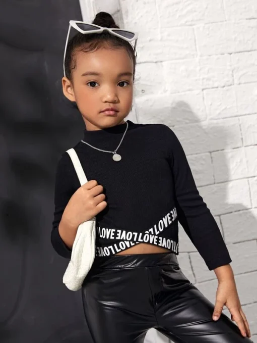 SHEIN Toddler Girls Mock Neck Letter Tape Crop Tee - Image 4