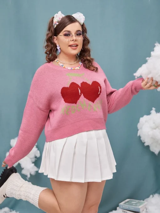 SHein Plus Cherry And Letter Pattern Drop Shoulder Sweater