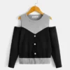 Shein Girls Two Tone Button Detail Cold Shoulder Sweater