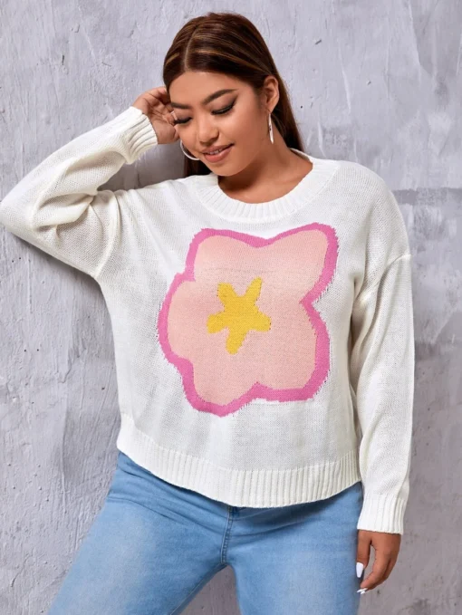 Shein Plus Floral Pattern Drop Shoulder Sweater