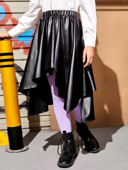 SHEIN Girls Asymmetrical Hem PU Leather Skirt